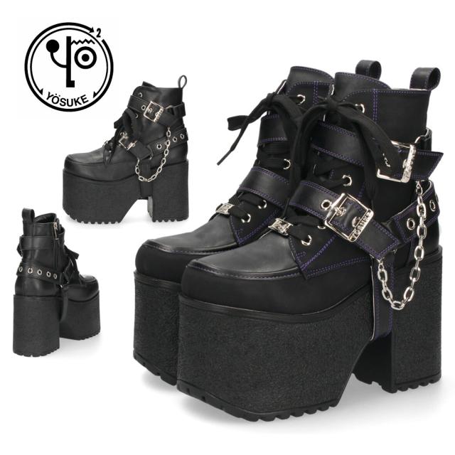 ヨースケ 厚底ブーツ レディース 靴 YOSUKE 4460118 ベルト チェーン サイドファスナー レースアップ 幅広 3E ブラック 黒 ブーツ