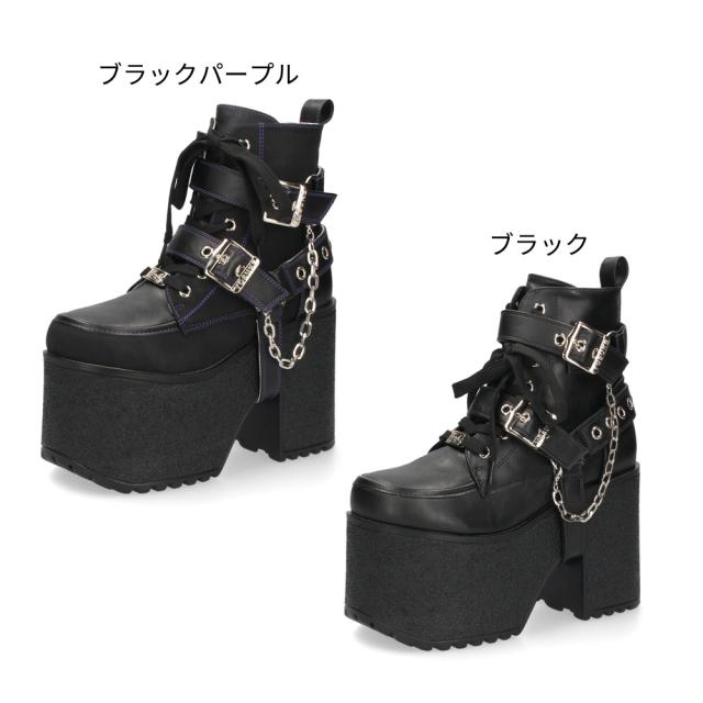 ヨースケ 厚底ブーツ レディース 靴 YOSUKE 4460118 ベルト チェーン サイドファスナー レースアップ 幅広 3E ブラック 黒 ブーツ_1