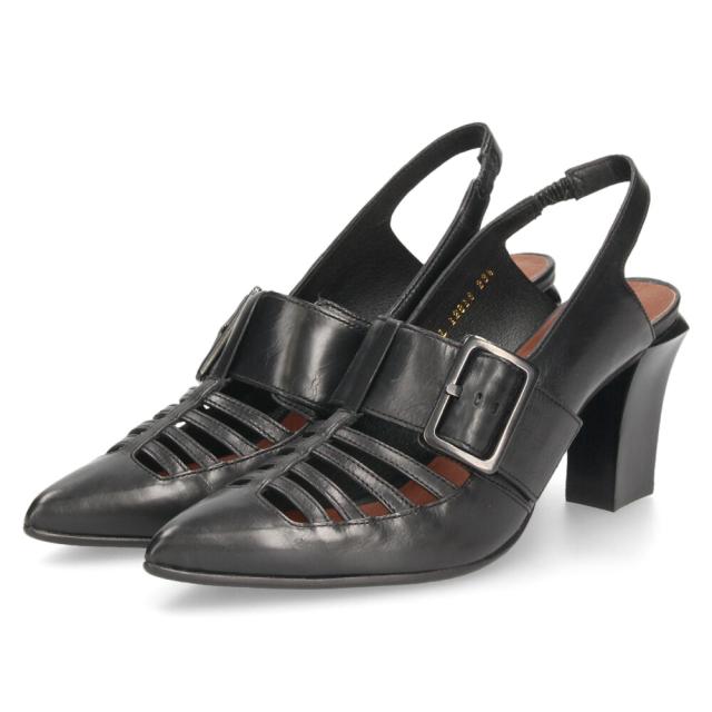 ラボキゴシ ワークス レディース パンプス ストラップ 本革 黒 7.5cm ヒール ポインテッドトゥ トゥバックル付き 12816 RABOKIGOSHI works 日本製