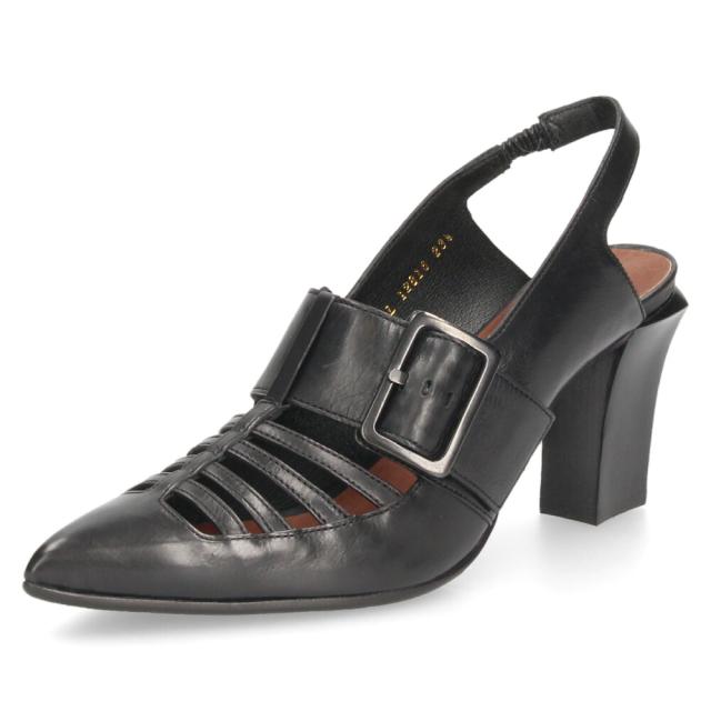 ラボキゴシ ワークス レディース パンプス ストラップ 本革 黒 7.5cm ヒール ポインテッドトゥ トゥバックル付き 12816 RABOKIGOSHI works 日本製