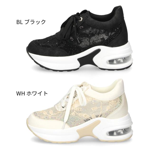 スニーカー レディース エアーソール チュールレース 透け感 カジュアルシューズ 美脚効果 厚底 軽量 ラインストーン 靴 ムーム WX8400 MUUM_1