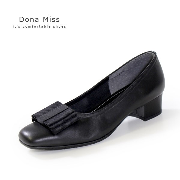 本革 パンプス ローヒール ブラック Dona Miss 381 黒 リボン