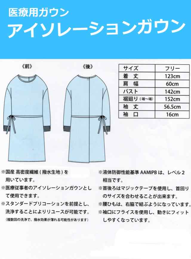 アイソレーションガウン ガウン 飛沫防止 感染防止 防護服 洗える 医療