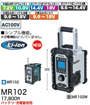 [税込新品]マキタ充電式ラジオMR102バッテリ・充電器別売 【Appleの純正ケーブルでiphone5と、接続可能】【ポイント消化にどうぞ】】 マキタ 充電タイプオフィスに工場に職人さんにDIY女子に