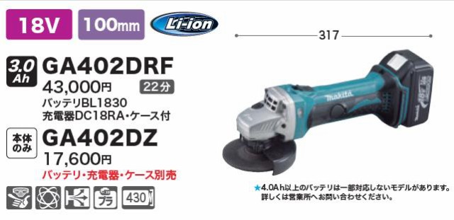 最高の マキタ 充電式ディスクグラインダー100mm 18V GA402DZ 本体