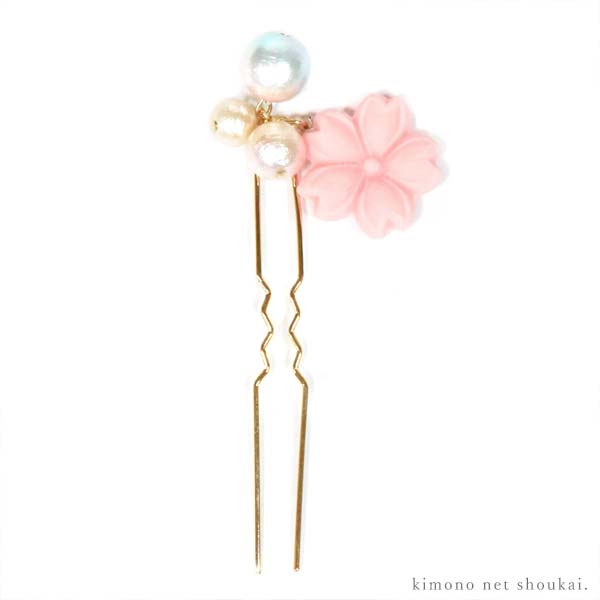 045 金色 扇形 髪飾り 花模様（簪（かんざし コットンパール