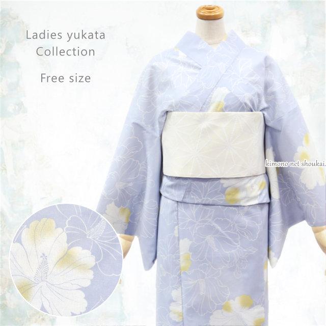 女性 浴衣 フリーサイズ【くすみブルー 水色 芙蓉 15971】 古典柄 レトロ モダン 単品 ゆかた レディース お仕立上がり【沖縄配送不可】の通販は 5,170円