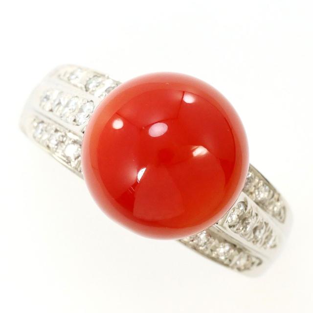 PT900 プラチナ リング・指輪 15.5号 サンゴ ダイヤ 0.30ct カード鑑別書 総重量約8.8g 中古ジュエリー