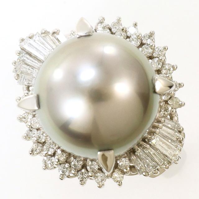 PT900 プラチナ リング・指輪 12号 黒蝶真珠 ダイヤ 0.60ct カード鑑別 