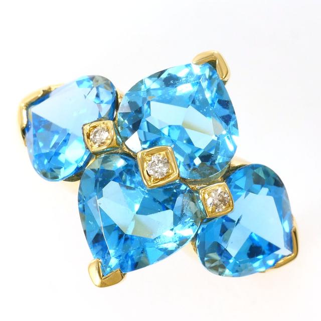 K18 18金 YG イエローゴールド リング・指輪 13.5号 ブルートパーズ 5.72ct ダイヤ 0.05ct カード鑑別書 総重量約6.4g 中古ジュエリー