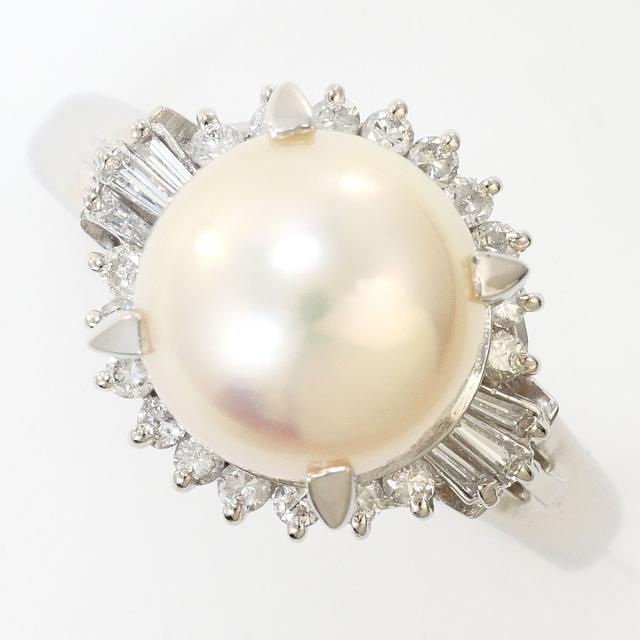 PT900 プラチナ リング・指輪 16号 アコヤ真珠 ダイヤ 0.30 ct カード鑑別書 総重量約8.0g ジュエリー 中古