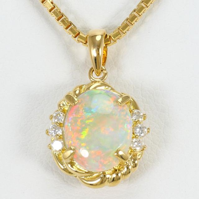 K18 18金 YG イエローゴールド ネックレス オパール 0.96ct ダイヤ 0.101ct カード鑑別書 総重量約6.7g 約40cm ジュエリー 中古