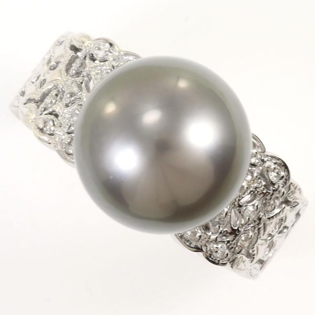 【通常価格より5%OFF】K18 18金 WG ホワイトゴールド リング・指輪 15.5号 黒蝶真珠 ダイヤ 0.15 ct カード鑑別書 総重量約6.8g ジュエリー 中古