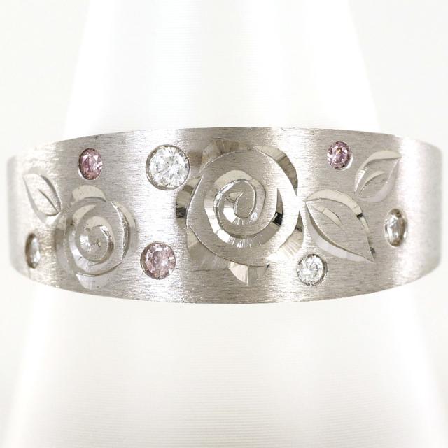 【通常価格より5%OFF】K18 18金 WG ホワイトゴールド リング・指輪 16号 ダイヤ 0.08ct ピンクダイヤ 0.03ct カード鑑別書 総重量約12.7g ジュエリー 中古