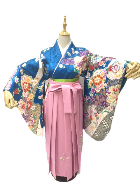 【期間限定割引】往復送料無料 全部揃って安心 レンタル 小学生 大学生 卒業式 袴 レンタル 袴 卒業式袴セット 小学生 袴女児 女の子 小学生 袴 セット 小学生 卒業式 袴 レンタル 女の子 小学校 卒業式 着物 インクブルー地 花 柄No.313