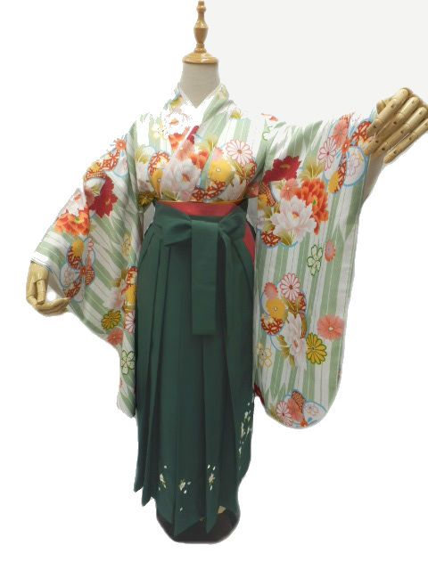 【期間限定割引】往復送料無料 全部揃って安心 レンタル 小学生 大学生 卒業式 袴 レンタル 袴 卒業式袴セット 小学生 袴女児 女の子 小学生 袴 セット 小学生 卒業式 袴 レンタル 女の子 小学校 卒業式 着物 淡いグリーン地 矢絣 捻じれ梅 柄No.327