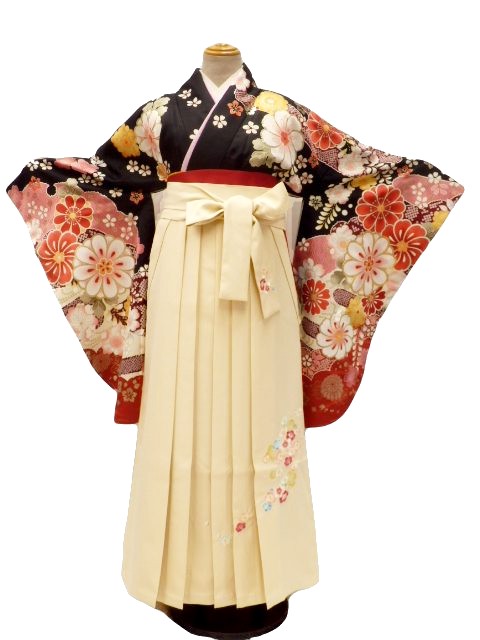 【期間限定割引】【レンタル】　往復送料無料 全部揃って安心 レンタル 小学生 大学生 卒業式 袴 レンタル 袴 卒業式袴セット 小学生 袴女児 女の子 小学生 袴 セット 小学生 卒業式 袴 レンタル 女の子 小学校 卒業式 着物 黒地 捻れ菊 桜 柄No.K-333