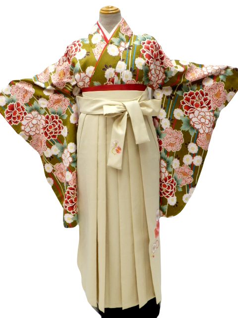 【1月限定割引】【レンタル】　往復送料無料 全部揃って安心 レンタル 小学生 大学生 卒業式 袴 レンタル 袴 卒業式袴セット 小学生 袴女児 女の子 小学生 袴 セット 小学生 卒業式 袴 レンタル 女の子 小学校 卒業式 着物 抹茶地 牡丹 八重桜 柄No.K-336