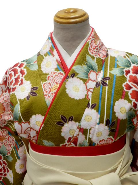 【1月限定割引】【レンタル】　往復送料無料 全部揃って安心 レンタル 小学生 大学生 卒業式 袴 レンタル 袴 卒業式袴セット 小学生 袴女児 女の子 小学生 袴 セット 小学生 卒業式 袴 レンタル 女の子 小学校 卒業式 着物 抹茶地 牡丹 八重桜 柄No.K-336