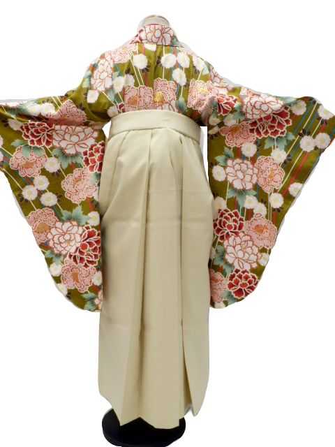 【1月限定割引】【レンタル】　往復送料無料 全部揃って安心 レンタル 小学生 大学生 卒業式 袴 レンタル 袴 卒業式袴セット 小学生 袴女児 女の子 小学生 袴 セット 小学生 卒業式 袴 レンタル 女の子 小学校 卒業式 着物 抹茶地 牡丹 八重桜 柄No.K-336