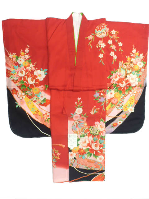 七五三 七歳 用 女子 正絹 着物 長襦袢 重ね衿 刺繍 半襟 付 赤地 鼓 手毬 御所車 柄No.3003