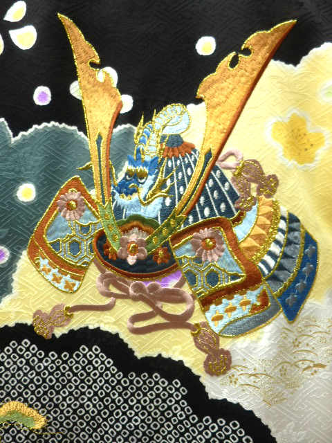 正絹 男子 初着 黒地 刺繍 兜 絞り 柄No.3012_1