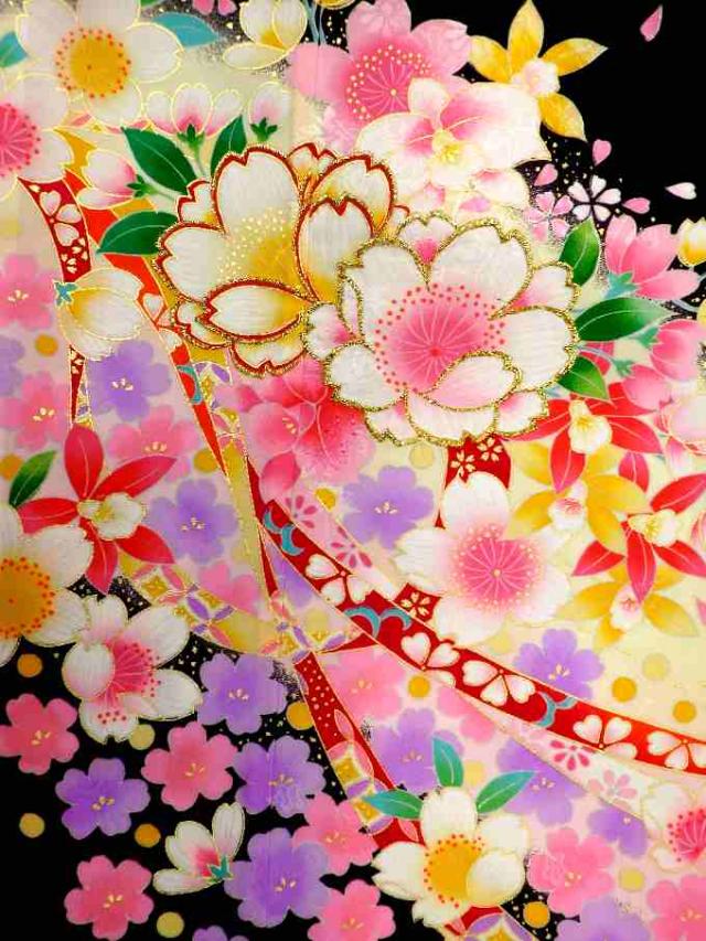 七五三 女の子着物単品 四つ身 絵羽柄 襦袢付き ポリエステル 7才 7歳