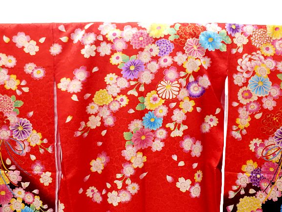七五三 女の子着物単品 四つ身 絵羽柄 襦袢付き ポリエステル 7才 7歳