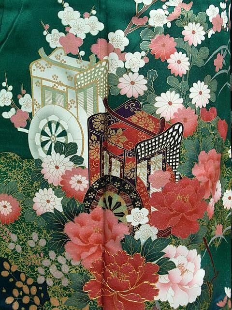 往復送料無料】 ☆正絹振袖フルセットレンタル☆緑地に鴛鴦に御所車柄