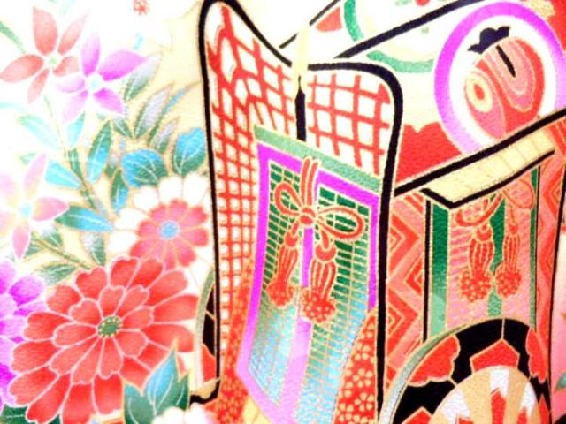 お宮参り 初着 女の子 産着 着物 一つ身 お祝い着 赤ちゃん 正絹 クリーム地 御所車 牡丹 柄No.2_4