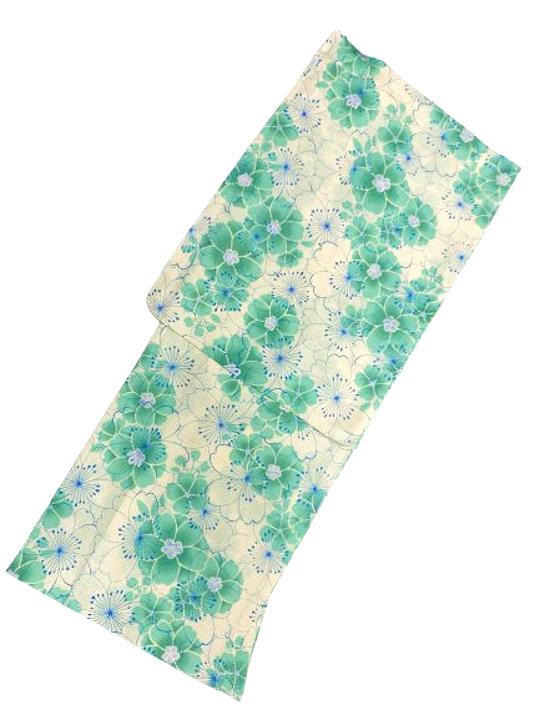 仕立て上がり浴衣 浴衣 綿絽 対応身長 155ｃｍ-168ｃｍ 綿絽織 クリーム地 グリーン 八重桜 柄No.2474 セットにするとさらにお得！！の通販は