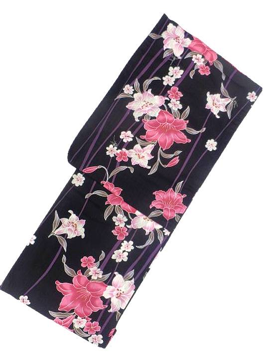 仕立て上がり浴衣 浴衣 プレタ 対応身長 155ｃｍ-168ｃｍ 変わり織り 黒地 ピンク ユリ 柄 No.2562 セットにするとさらにお得！！の通販は 5,280円