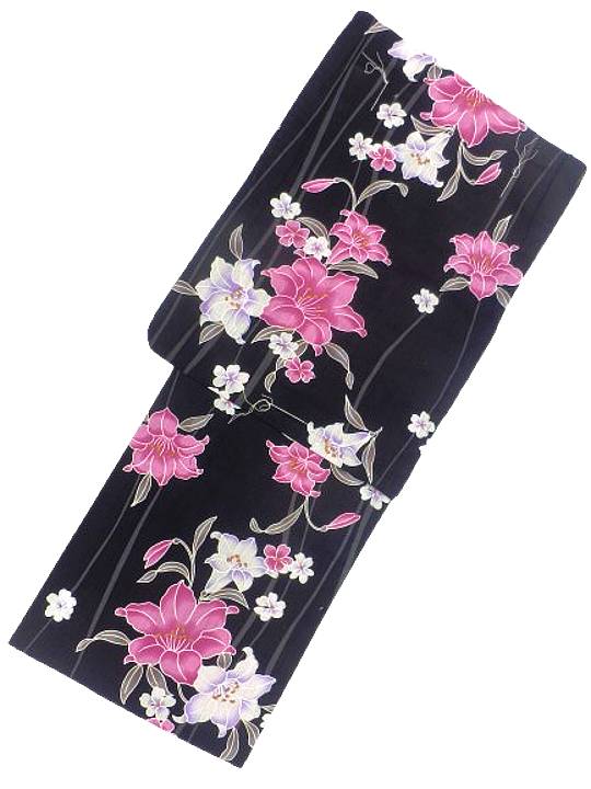 仕立て上がり浴衣 浴衣 プレタ 対応身長 155ｃｍ-168ｃｍ 変わり織り 黒地 ローズ ユリ 柄 No.2563 セットにするとさらにお得！！の通販は