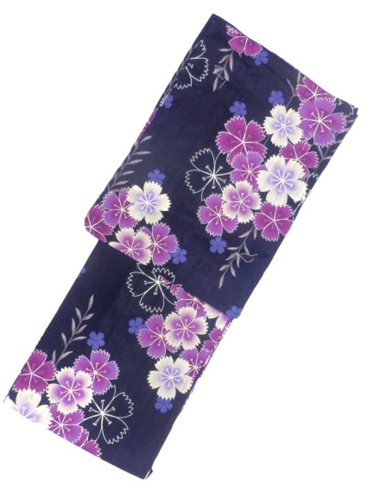 仕立て上がり浴衣 浴衣 プレタ 対応身長 155ｃｍ-168ｃｍ 変わり織り 濃紺地 紫 撫子 柄 No.2566 セットにするとさらにお得！！の通販は