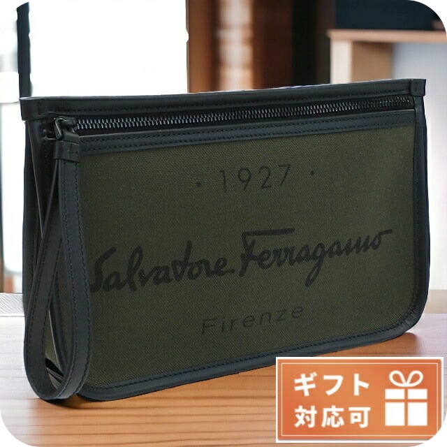 フェラガモ クラッチバッグ メンズ ブランド FERRAGAMO ポリアミド コットン ポリウレタン レザー イタリア 24-0971 グリーン系 バッグ