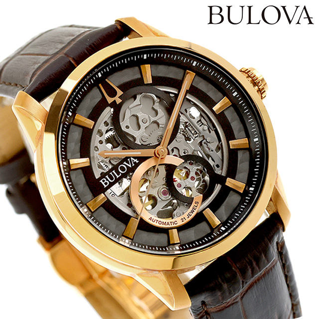 Bulova 手巻き時計 黒文字盤 茶色レザー