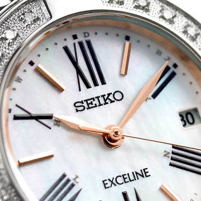 SEIKO エクセリーヌ 電波ソーラー ダイヤモンド レディース SWCW008 腕時計 ホワイトシェル