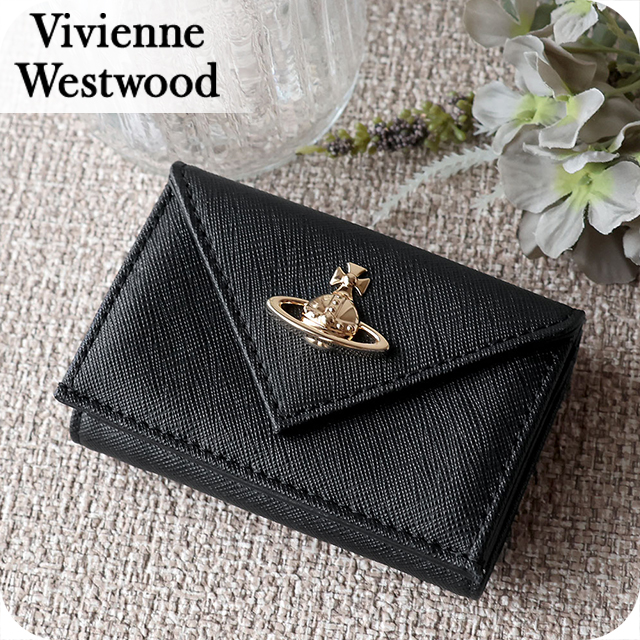 ヴィヴィアン ウエストウッド 三つ折り財布 三折財布 レディース ブランド Vivienne Westwood SAFFIANO 革 レザーウォレット 小銭入れあり ロゴ 51150009 L001N N403 BLACK GOLD ビビアン