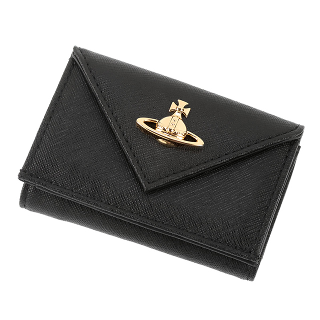 ヴィヴィアン ウエストウッド 三つ折り財布 三折財布 レディース ブランド Vivienne Westwood SAFFIANO 革 レザーウォレット 小銭入れあり ロゴ 51150009 L001N N403 BLACK GOLD ビビアン_1