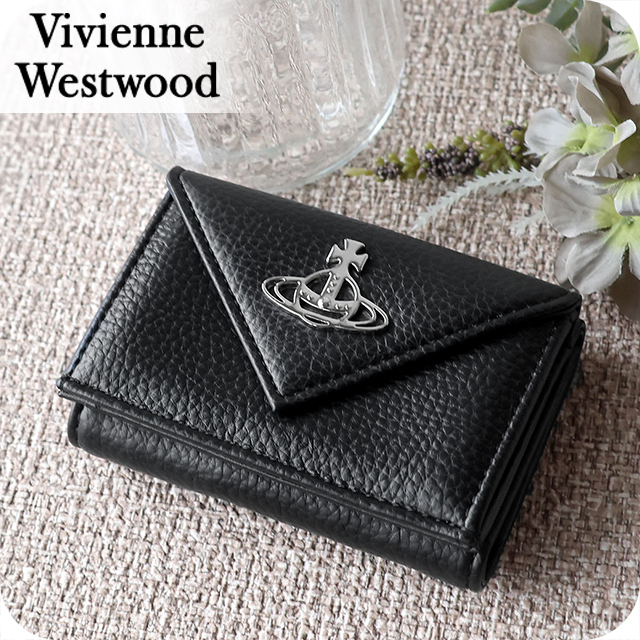 ヴィヴィアン ウエストウッド 三つ折り財布 三折財布 レディース ブランド Vivienne Westwood PU GRAIN 革 レザーウォレット 小銭入れあり ロゴ 51150009 S000D N403 BLACK ビビアン