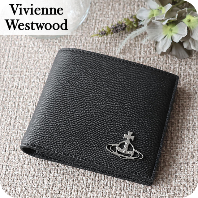 ヴィヴィアン ウエストウッド 二つ折り財布 二折財布 メンズ レディース ブランド Vivienne Westwood SAFFIANO PLAIN 革 レザーウォレット 小銭入れなし ロゴ 5115002PM S000B N401 BLACK ビビアン