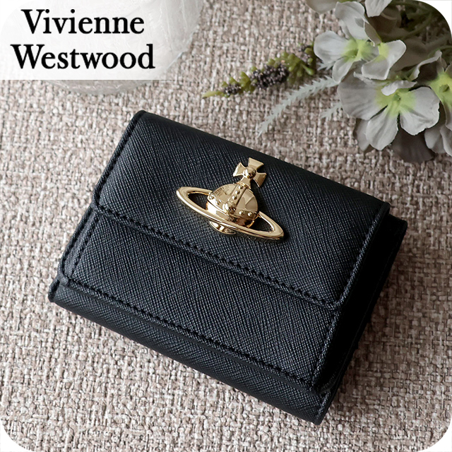 ヴィヴィアン ウエストウッド 三つ折り財布 三折財布 レディース ブランド Vivienne Westwood SAFFIANO PLAIN 革 レザーウォレット 小銭入れあり ロゴ 5115002TW S000B N402 BLACK ビビアン