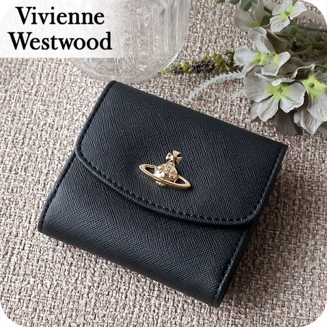 ヴィヴィアン ウエストウッド 二つ折り財布 二折財布 レディース ブランド Vivienne Westwood SAFFIANO PLAIN 革 レザーウォレット 小銭入れあり ロゴ 51150032W S000B N402 BLACK ビビアン