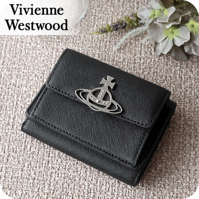 ヴィヴィアン ウエストウッド 二つ折り財布 二折財布 レディース ブランド Vivienne Westwood SAFFIANO 革 レザーウォレット 小銭入れあり ロゴ 52010013 L001N N402 BLACK ビビアン