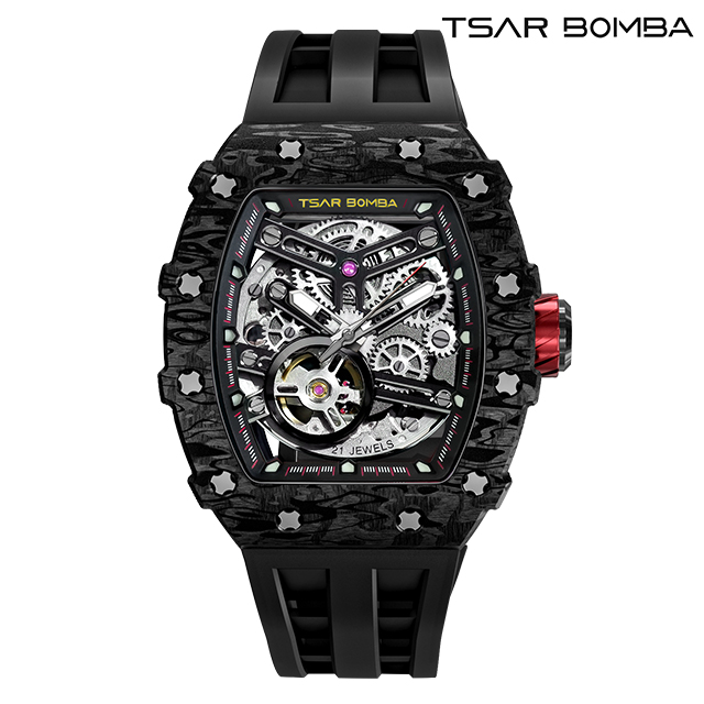 サーボンバ TB8208 エレメンタルシリーズ カーボンファイバー 自動巻き 腕時計 ブランド メンズ オープンハート TSAR BOMBA TB8208CF-08 アナログ ブラック 黒の通販は