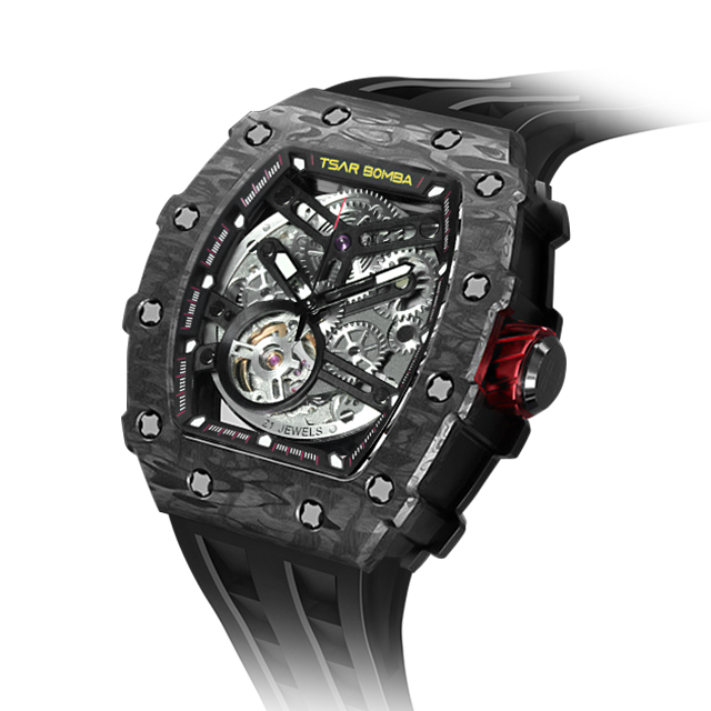 サーボンバ TB8208 エレメンタルシリーズ カーボンファイバー 自動巻き 腕時計 ブランド メンズ オープンハート TSAR BOMBA TB8208CF-08 アナログ ブラック 黒