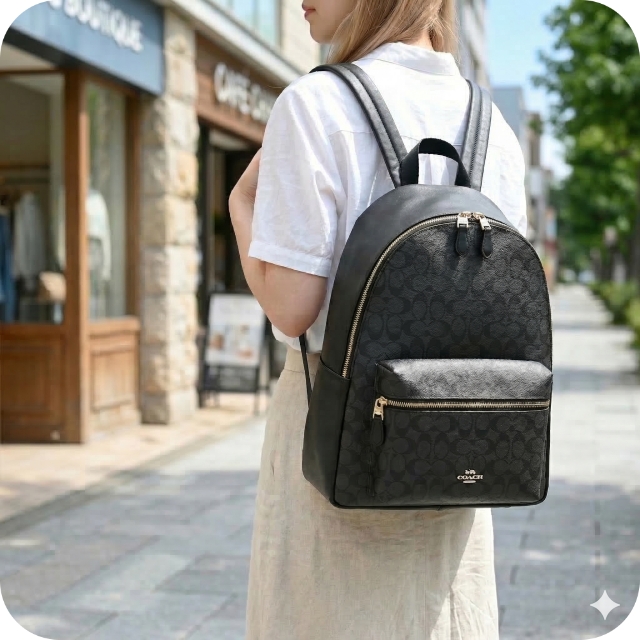 【美品】COACH ロゴ入りリュック ベージュ・黒 コーチ バックパック レディース ブランド COACH CCQ06 f58314 旅行