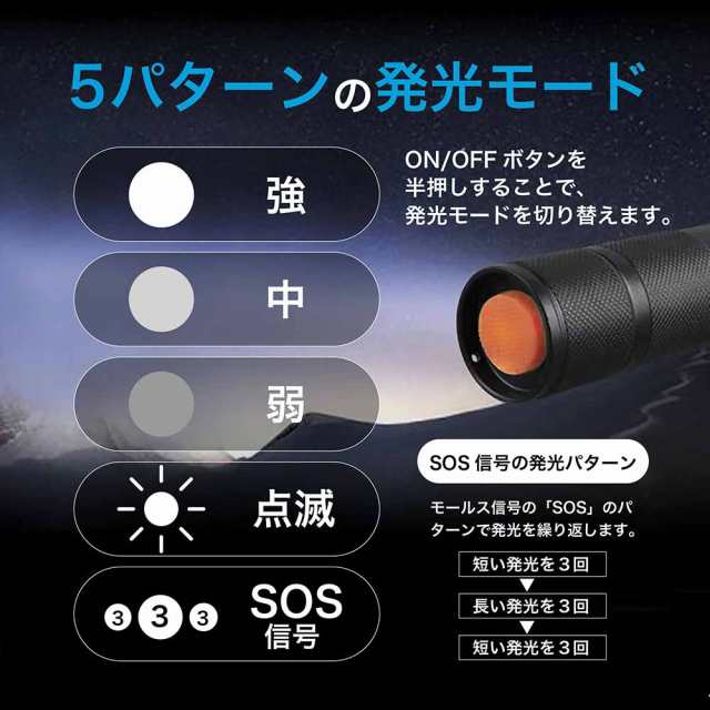 懐中電灯 LED フラッシュライト 電池式 防水 IPX6 ハンディ