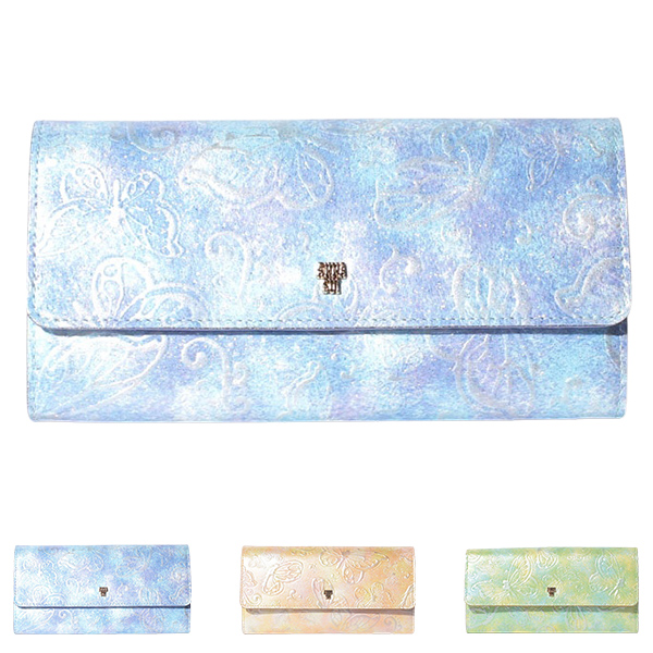 アナスイ 財布 長財布 かぶせ長財布 レディース がま口 ANNA SUI ガマ口 ブランド 本皮 レザー ピンク/ライトブルー パピヨン 315810 316890 喜ばれるギフト