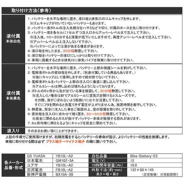 バイクバッテリー 蓄電池 YB10L-A2 GM10Z-3A FB10L-A2 BX10A-3B 互換対応 1年保証 開放式  液別（液付属）【配送種別:B】☆の通販はau PAY マーケット - 五大陸